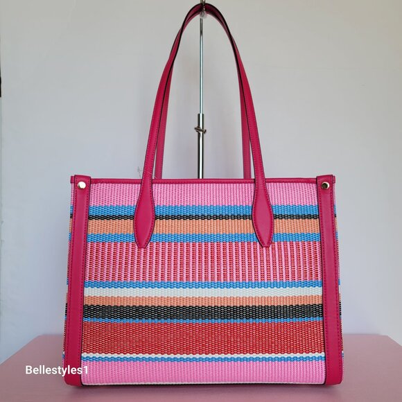 KATE SPADE Market Striped Woven Straw Medium Tote Bag-Wild Raspberry Multi⭐ - Picture 7 of 16